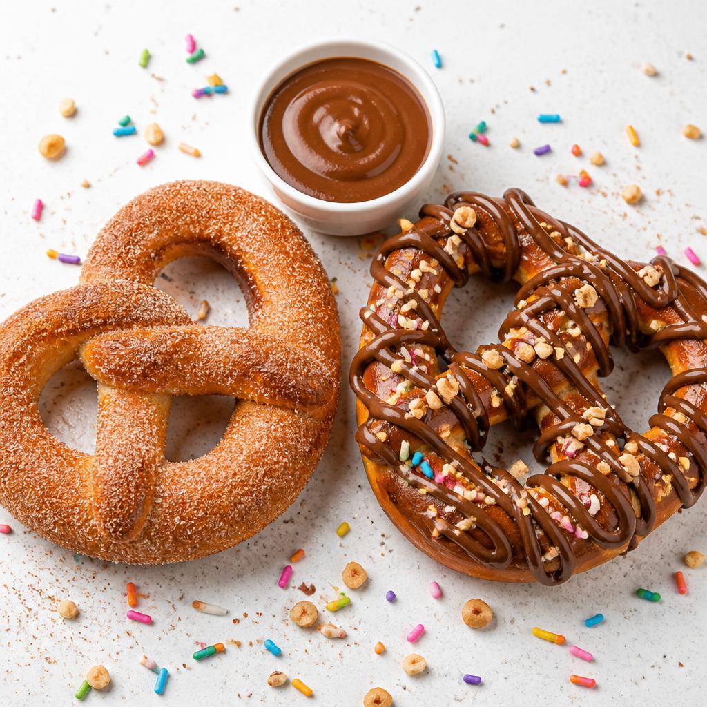 Cinnamon sugar and chocolate drizzled pretzels with sprinkles